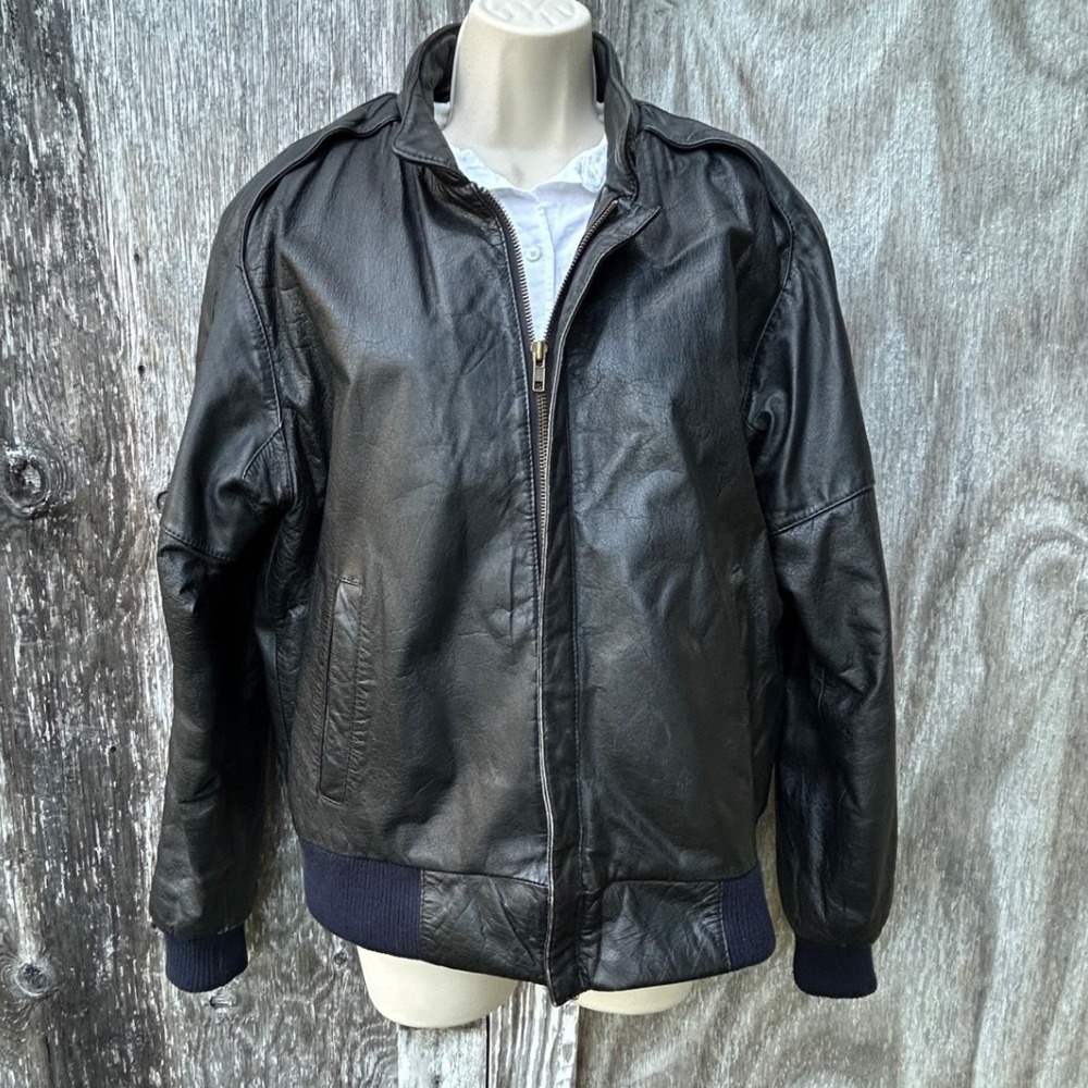 Vintage Leather Bomber Jacket Black Navy Ribbed Flight Coat 90s Grunge Biker